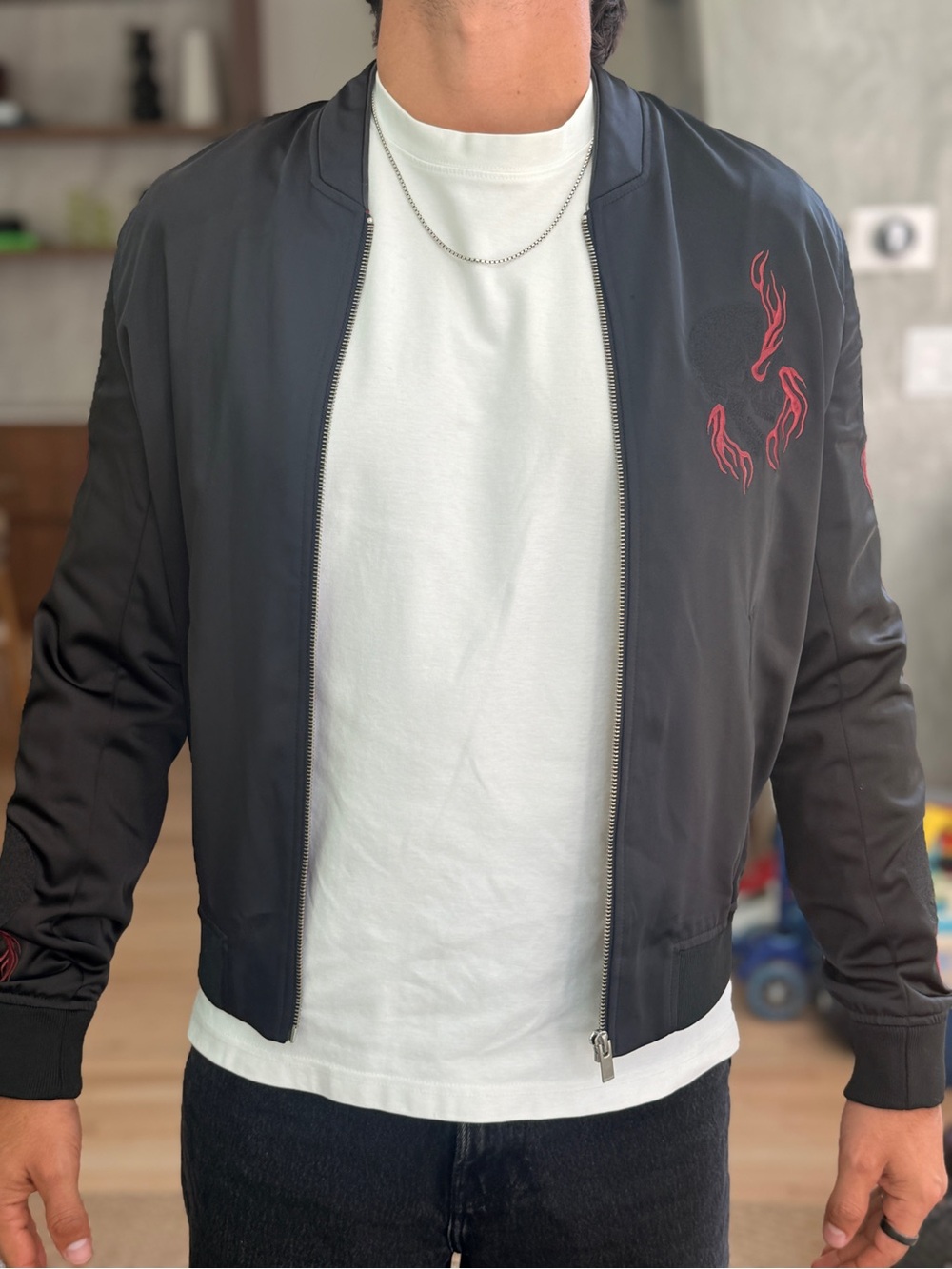 The Kooples Black Bomber Jacket with Red Flame Embroidery